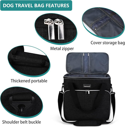 Dog Travel Bag, Pet Travel Bag (ALL Pet Travel Supplies), with 2 Pet Food Containers and 2 Collapsible Silicone Bowls; Essential Kits for Travel Black